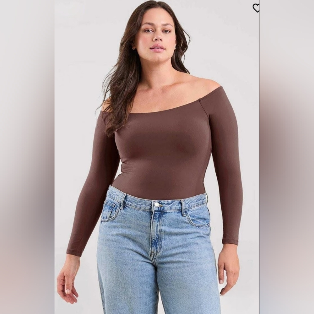 NUUDS Brown Off-the-Shoulder Long Sleeve Bodysuit Size XL
